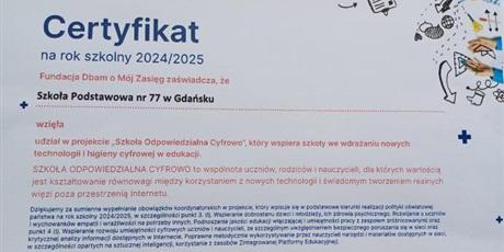 Certyfikat "Szkoły odpowiedzialnej cyfrowo"
