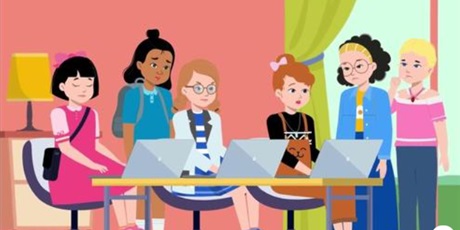 Powiększ grafikę: Ilustracja - dzieci przy biurku z laptopami